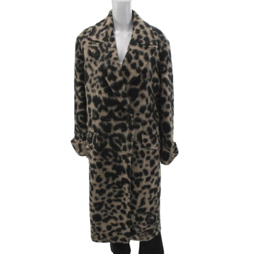 Allsaints Women Overcoat Tan Leopard Collared Button Long Sleeve Size 12
